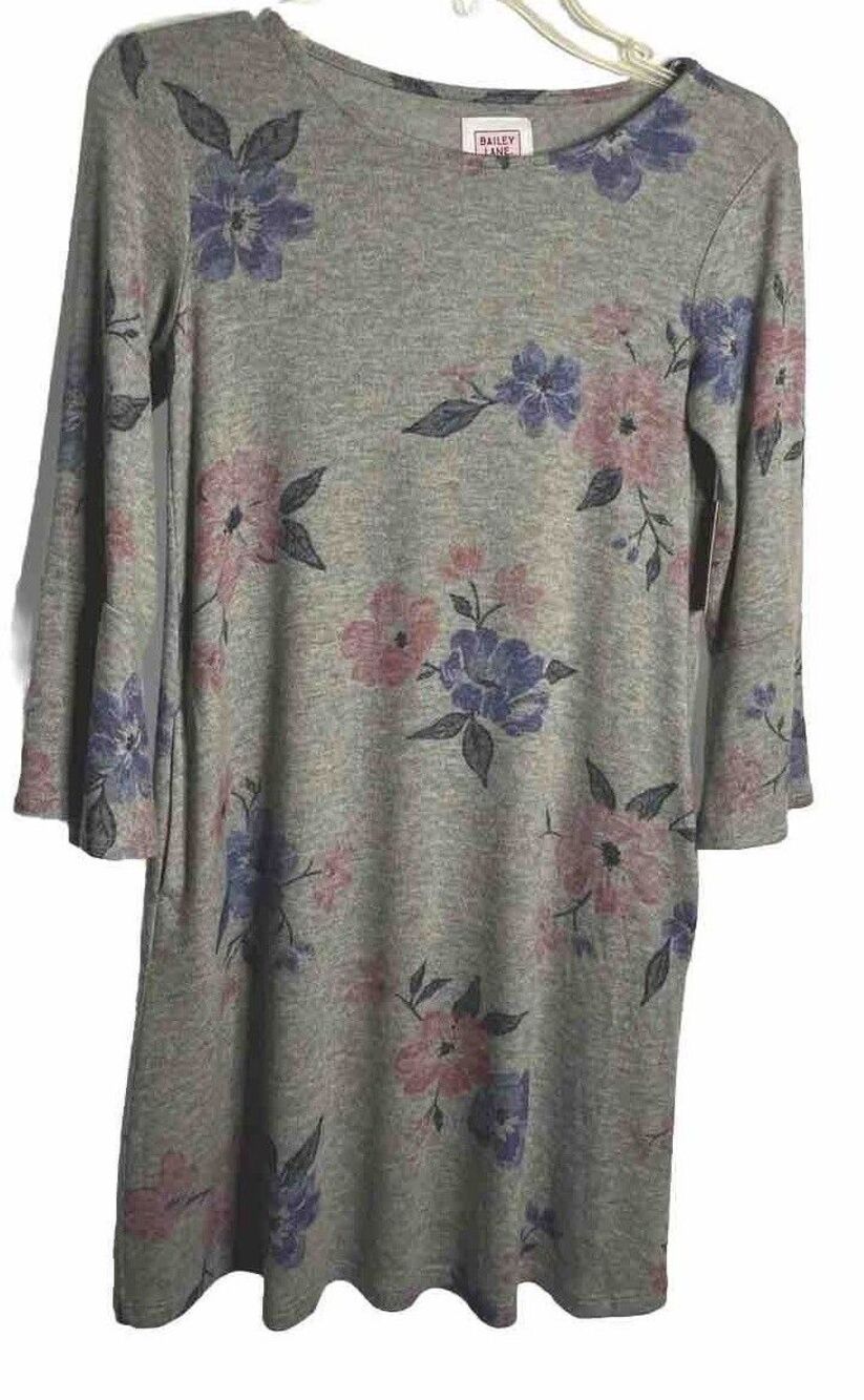 Bailey Lane Juniors Shift Gray Floral A-line Tunic Dress Size L Boho Feminine